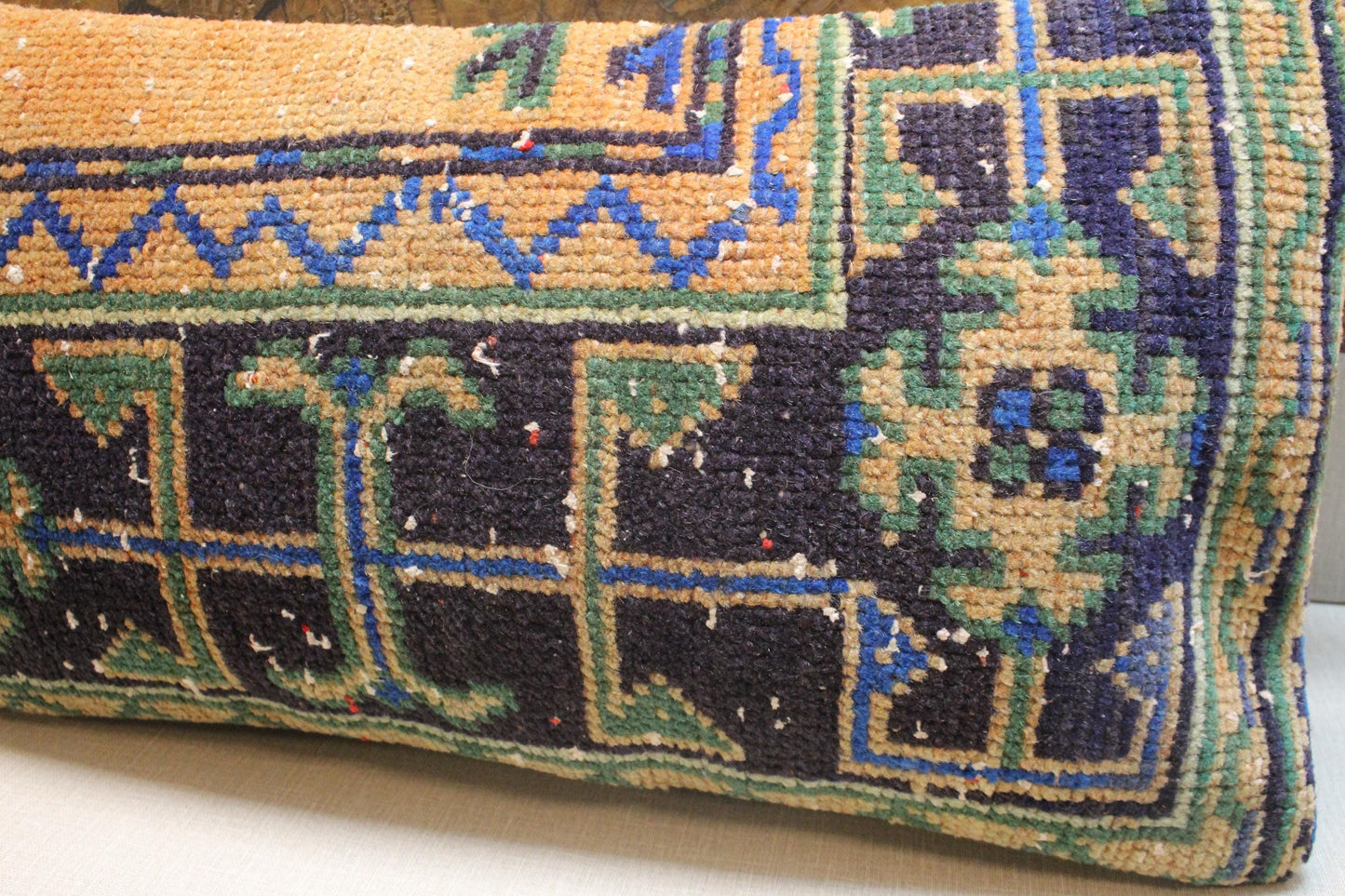 Handwoven Kilim Lumbar Pillow Cover: Navy, Green, and Tan Geometric Design