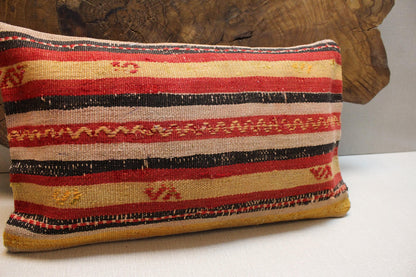 Handmade Turkish Kilim Pillow Cover 12x24: Red, Yellow, Black, Beige Boho Decor
