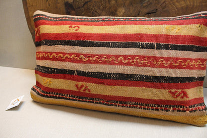 Handmade Turkish Kilim Pillow Cover 12x24: Red, Yellow, Black, Beige Boho Decor