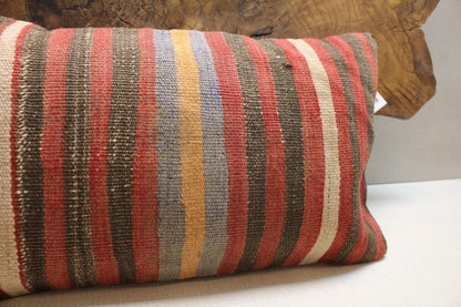 Handmade Kilim Pillow Cover 12x24: Upcycled Woven Wool, Tribal Stripes