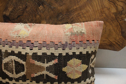 Handwoven Kilim Pillow Cover 12x24: Upcycled Wool with Tribal Motifs