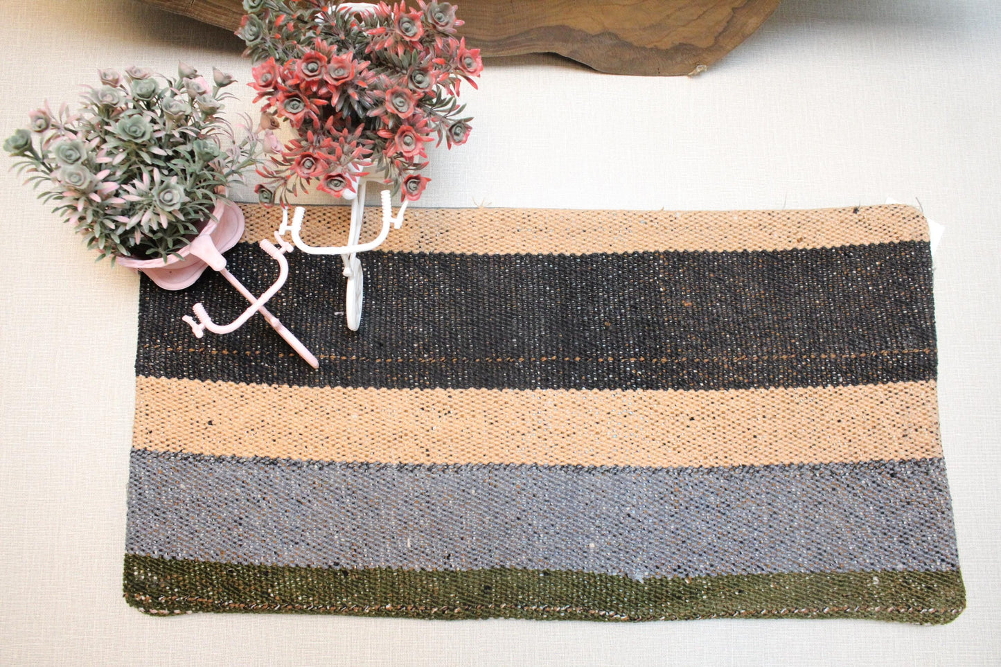 Handmade Kilim Pillow Cover: Upcycled Woven Rug, Earthy Stripes
