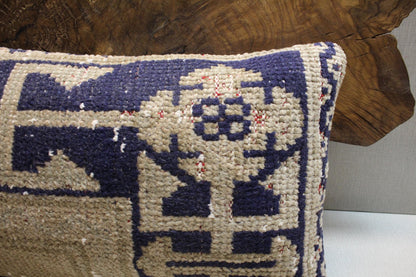 Vintage Turkish Kilim Pillow Cover: Navy Beige Geometric Boho Accent