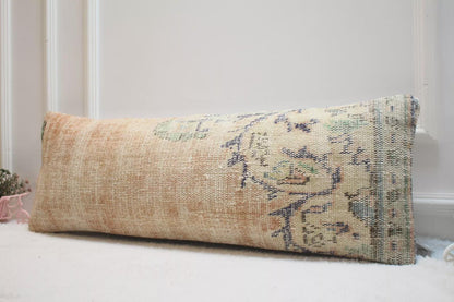 Handwoven Turkish Kilim Lumbar Pillow: Beige Boho Home Decor