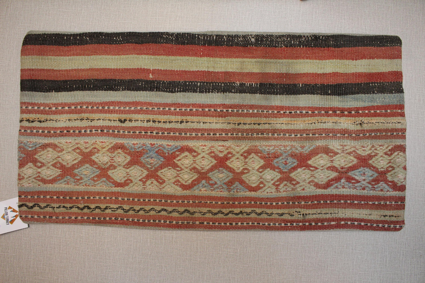 Handmade Kilim Pillow Cover: Upcycled Woven Rug, Tribal Design (12x24 in.)
