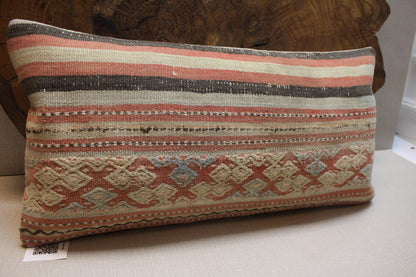 Handmade Kilim Pillow Cover: Upcycled Woven Rug, Tribal Design (12x24 in.)