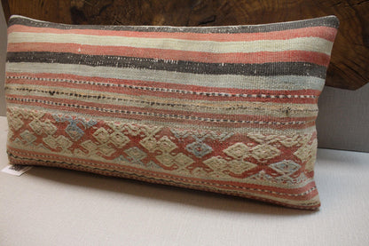 Handmade Kilim Pillow Cover: Upcycled Woven Rug, Tribal Design (12x24 in.)
