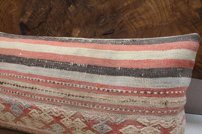 Handmade Kilim Pillow Cover: Upcycled Woven Rug, Tribal Design (12x24 in.)