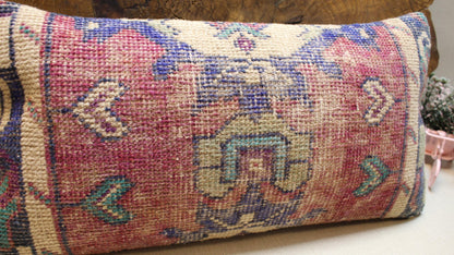 Handwoven Kilim Pillow Cover: Soft Pink, Purple & Teal Bohemian Accent