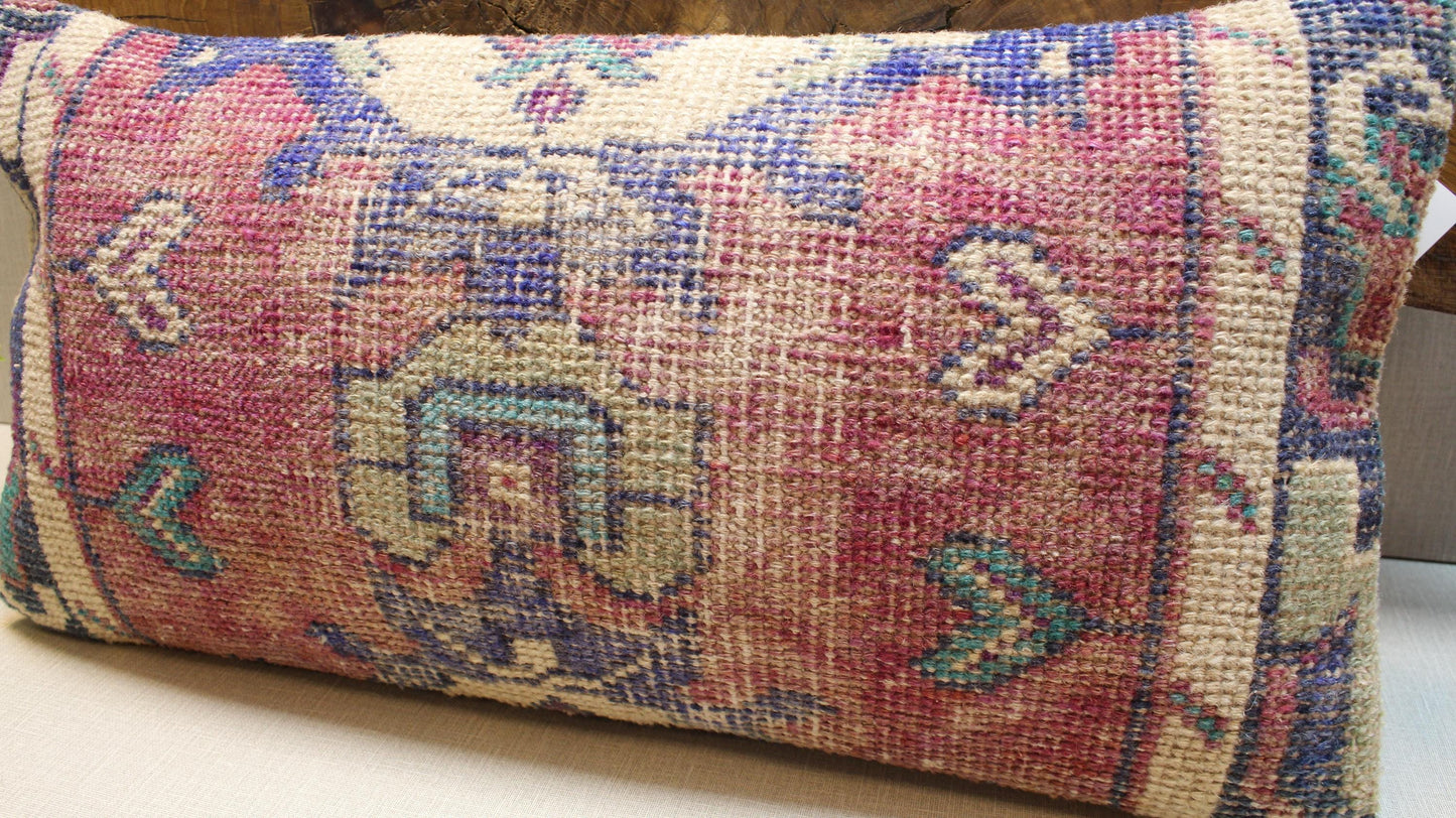 Handwoven Kilim Pillow Cover: Soft Pink, Purple & Teal Bohemian Accent