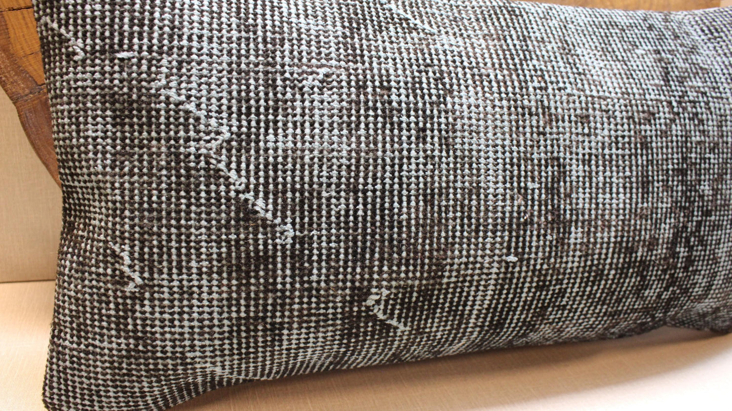 Vintage Kilim Pillow Cover: Black & Pale Blue Woven Wool Lumbar