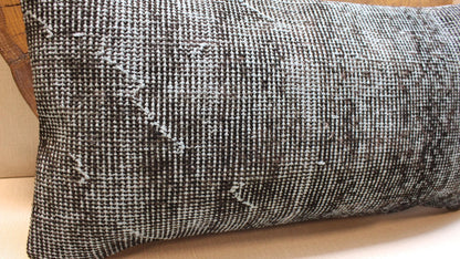 Vintage Kilim Pillow Cover: Black & Pale Blue Woven Wool Lumbar