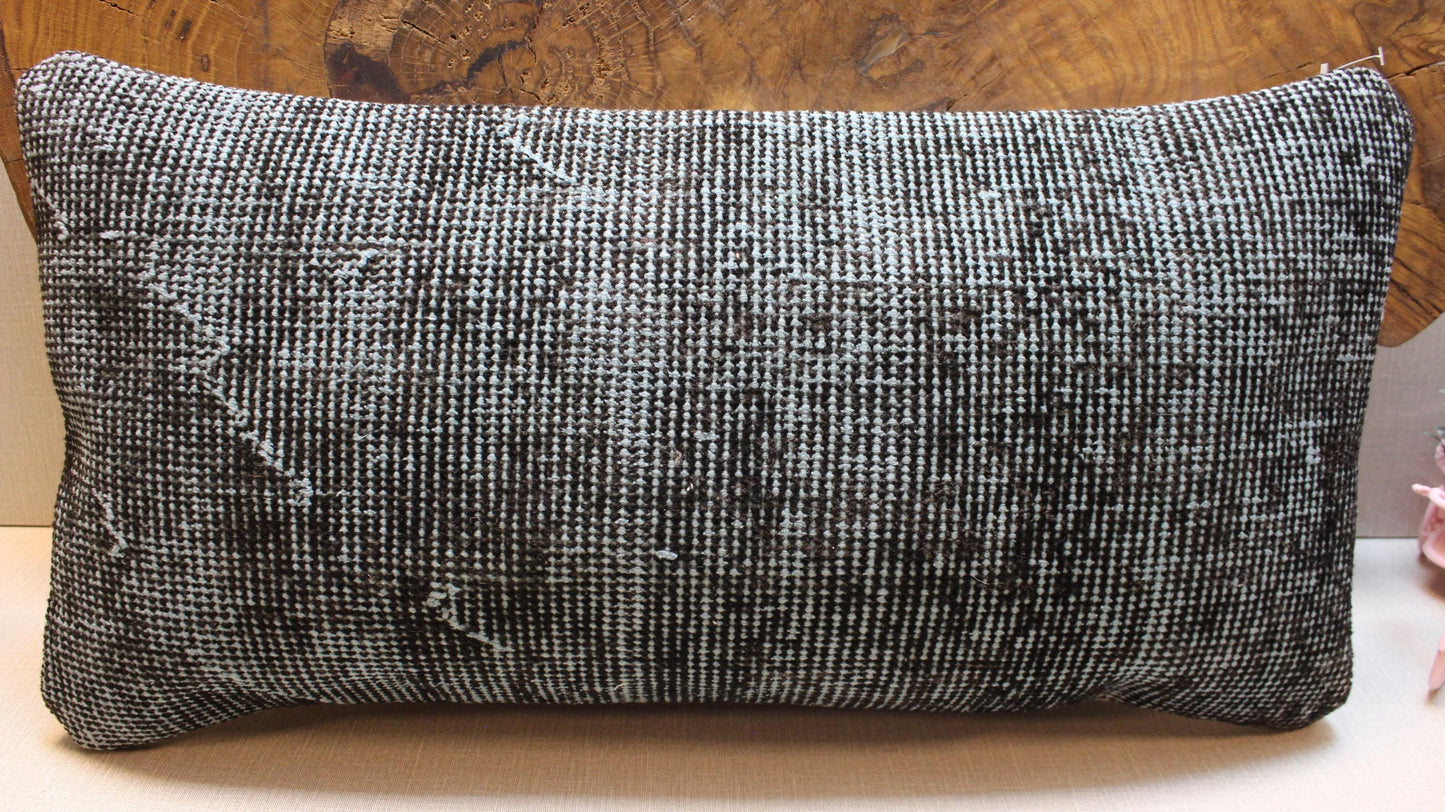 Vintage Kilim Pillow Cover: Black & Pale Blue Woven Wool Lumbar