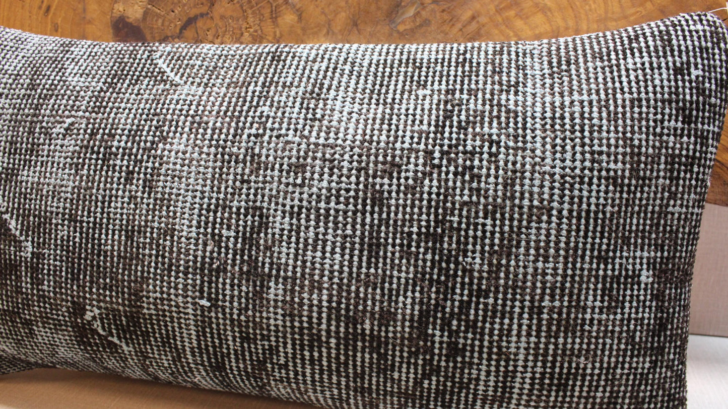 Vintage Kilim Pillow Cover: Black & Pale Blue Woven Wool Lumbar
