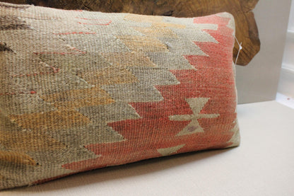 Vintage Turkish Kilim Lumbar Pillow Cover: Earthy Tribal Design