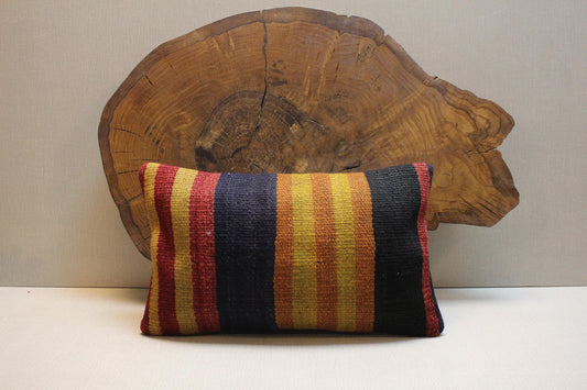 Vintage Kilim Lumbar Pillow Cover: Navy, Red, Mustard Stripes