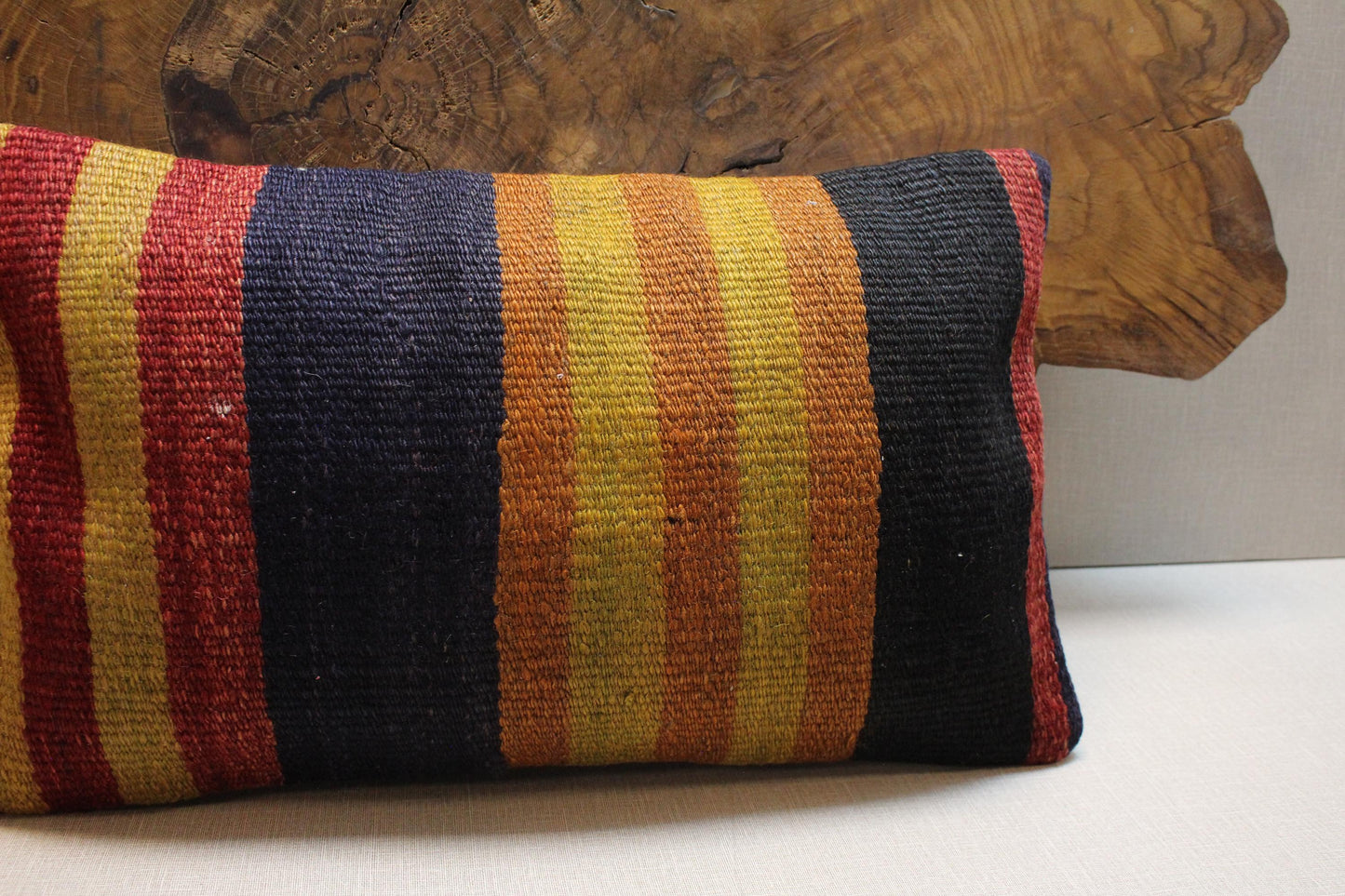 Vintage Kilim Lumbar Pillow Cover: Navy, Red, Mustard Stripes