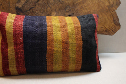 Vintage Kilim Lumbar Pillow Cover: Navy, Red, Mustard Stripes