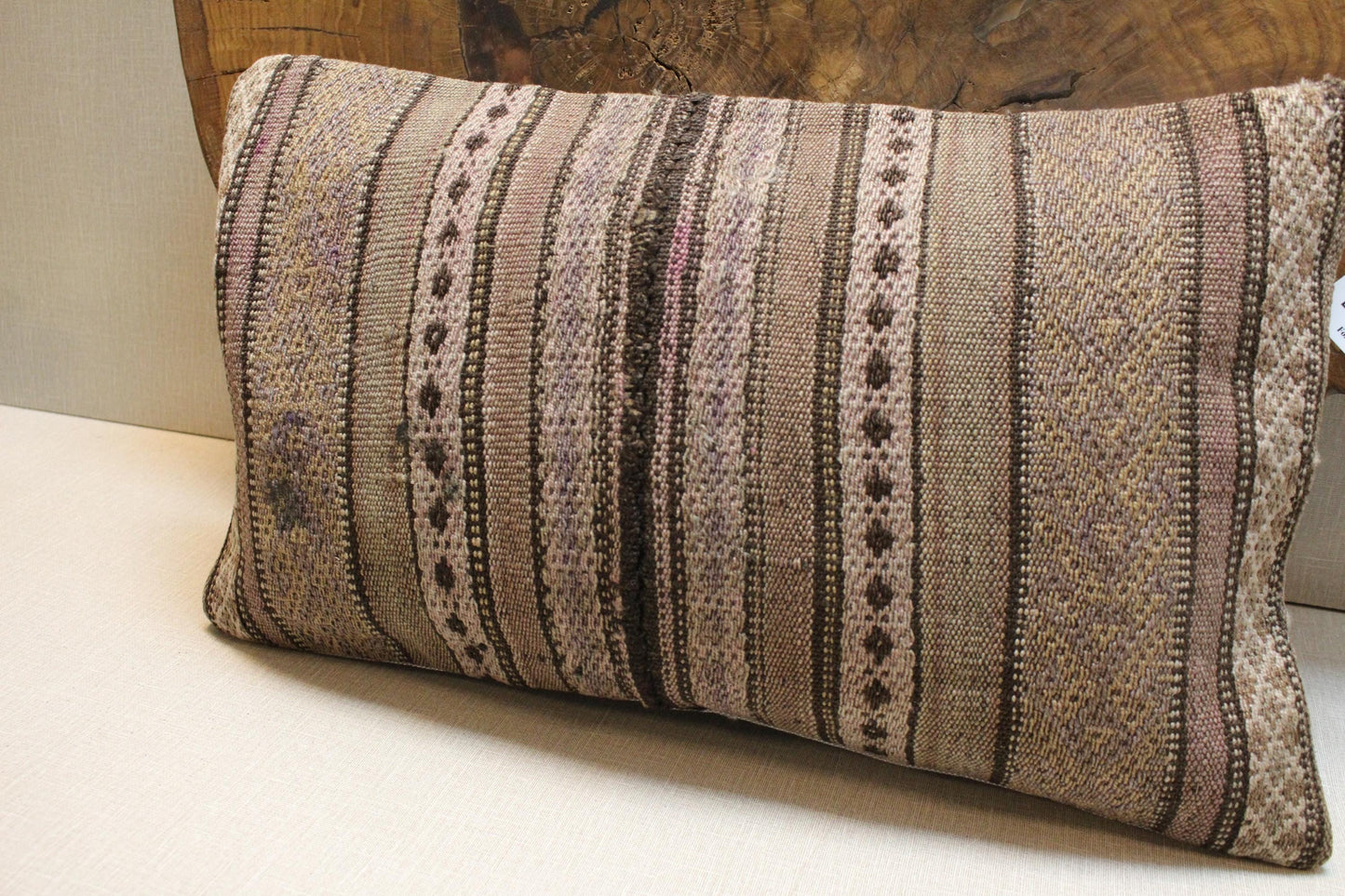 Vintage Turkish Kilim Lumbar Pillow Cover: Beige Brown Lilac Stripes