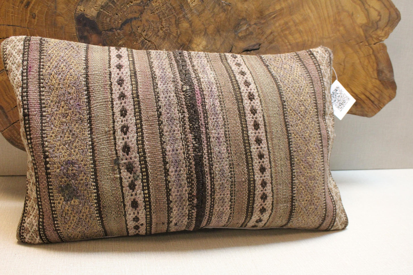 Vintage Turkish Kilim Lumbar Pillow Cover: Beige Brown Lilac Stripes