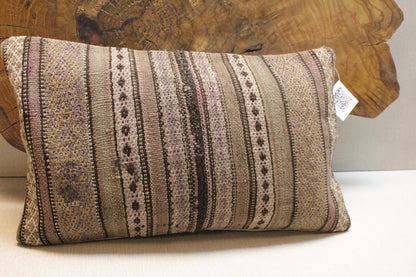 Vintage Turkish Kilim Lumbar Pillow Cover: Beige Brown Lilac Stripes
