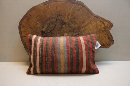 Handmade Kilim Pillow Cover 12x24: Upcycled Woven Wool, Tribal Stripes