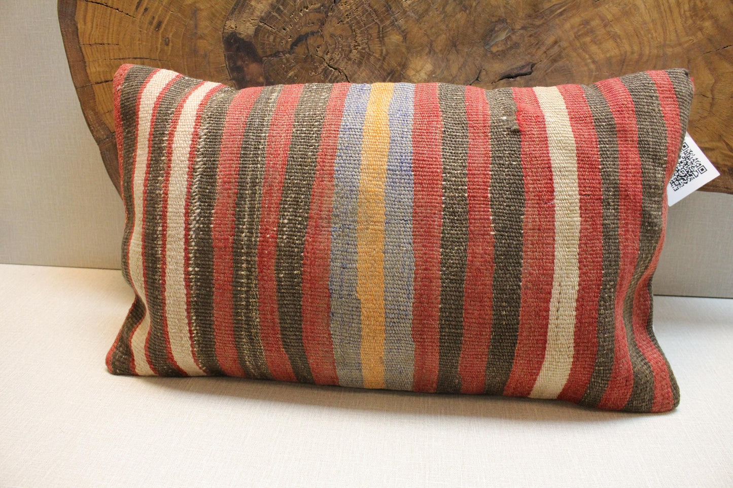 Handmade Kilim Pillow Cover 12x24: Upcycled Woven Wool, Tribal Stripes