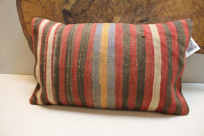 Handmade Kilim Pillow Cover 12x24: Upcycled Woven Wool, Tribal Stripes