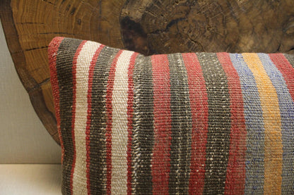Handmade Kilim Pillow Cover 12x24: Upcycled Woven Wool, Tribal Stripes
