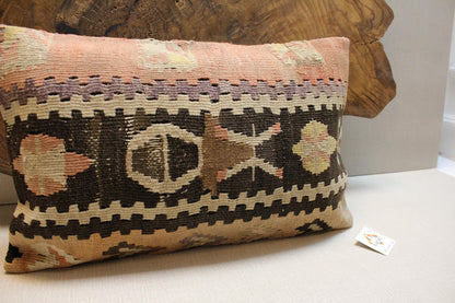 Handwoven Kilim Pillow Cover 12x24: Upcycled Wool with Tribal Motifs