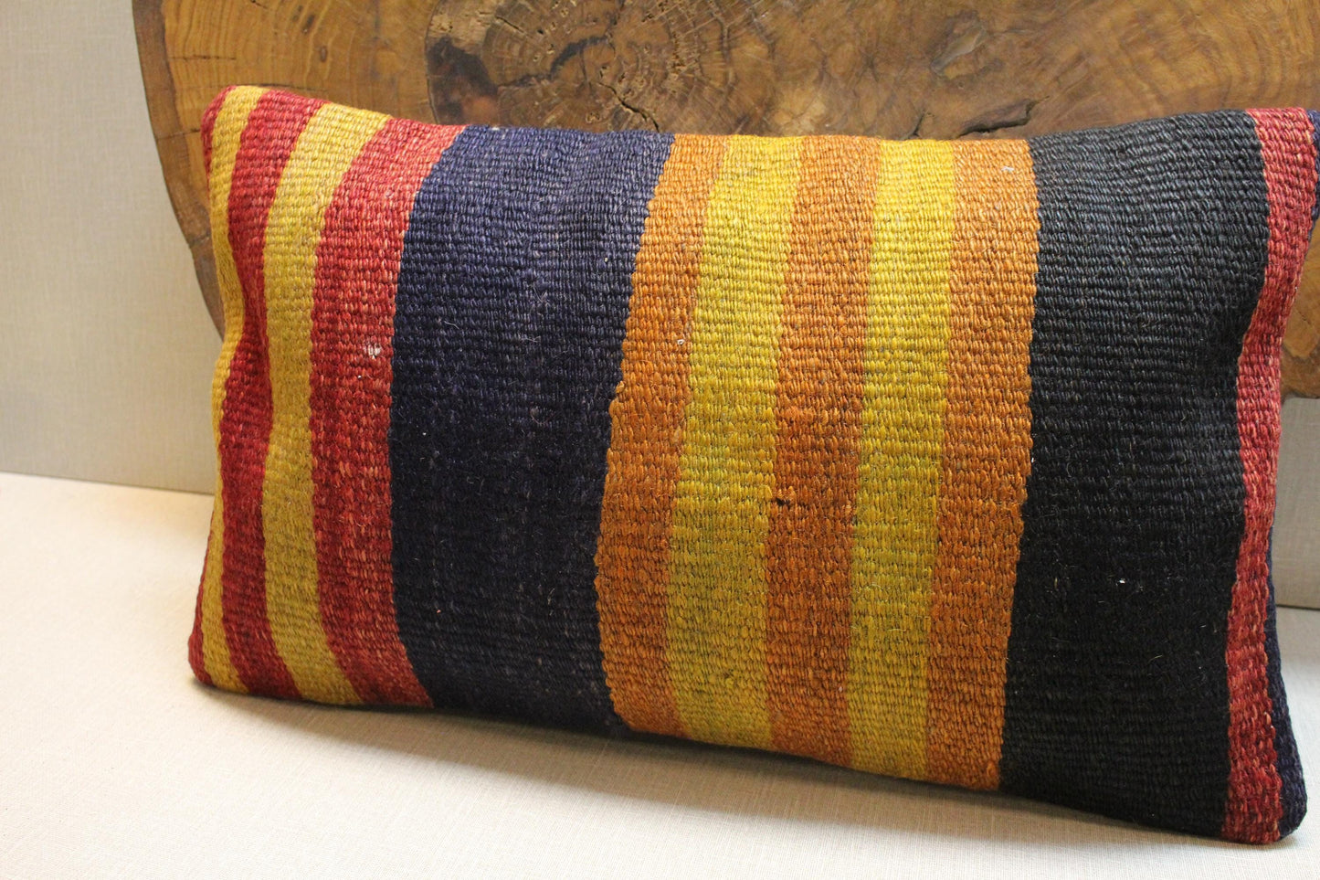 Vintage Kilim Lumbar Pillow Cover: Navy, Red, Mustard Stripes