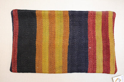 Vintage Kilim Lumbar Pillow Cover: Navy, Red, Mustard Stripes