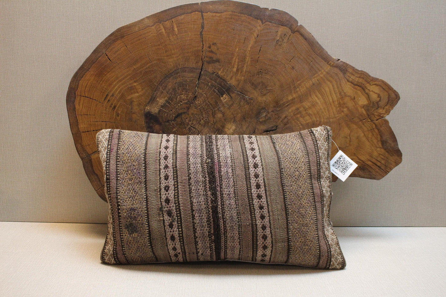 Vintage Turkish Kilim Lumbar Pillow Cover: Beige Brown Lilac Stripes