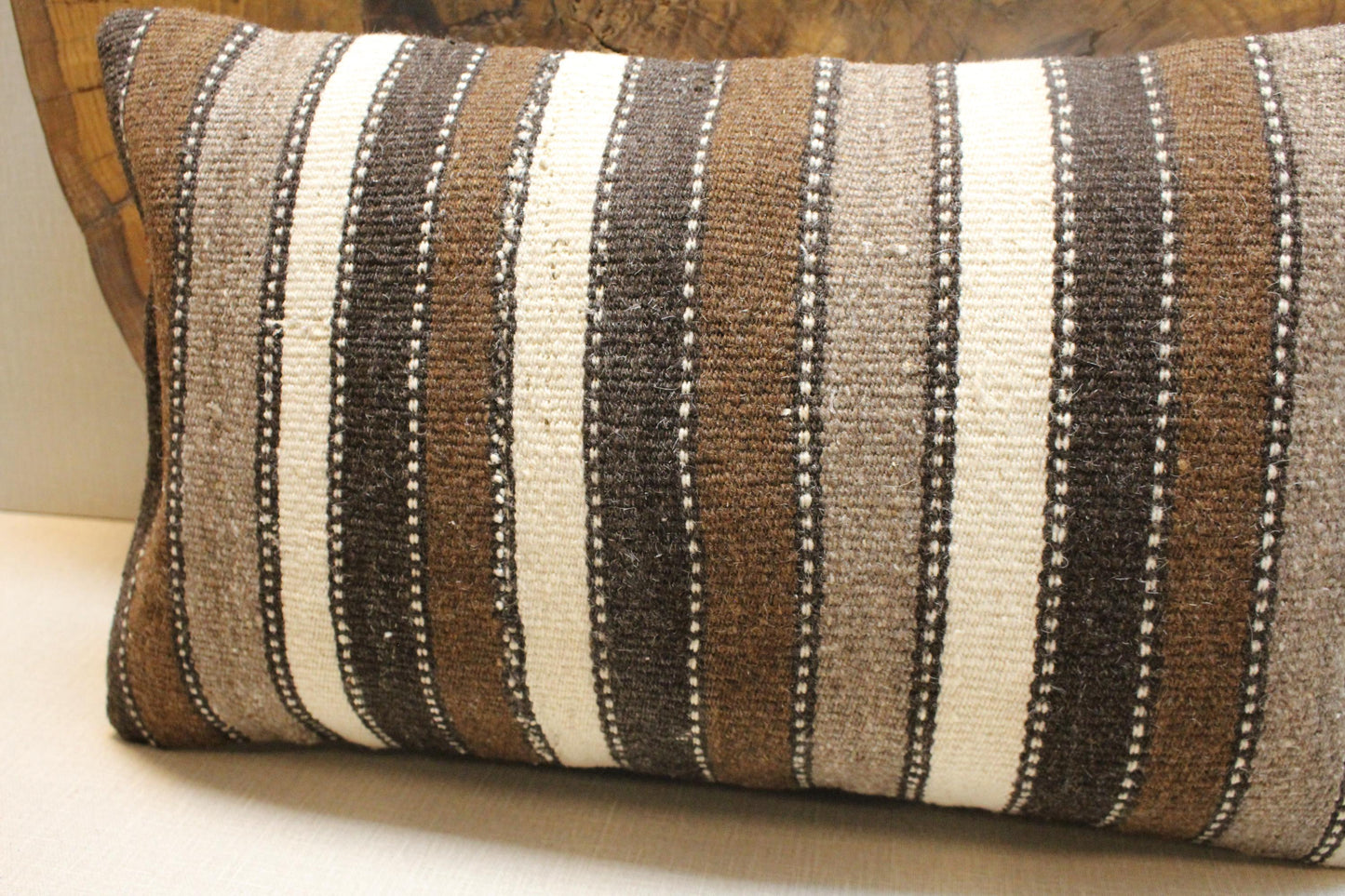 Vintage Turkish Kilim Lumbar Pillow Cover: Brown, Cream & Gray, 12x20