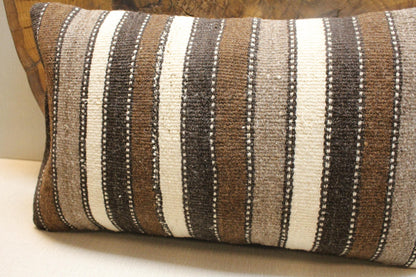 Vintage Turkish Kilim Lumbar Pillow Cover: Brown, Cream & Gray, 12x20