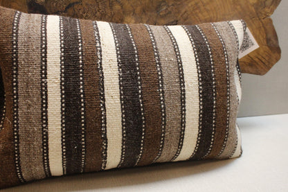 Vintage Turkish Kilim Lumbar Pillow Cover: Brown, Cream & Gray, 12x20