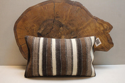 Vintage Turkish Kilim Lumbar Pillow Cover: Brown, Cream & Gray, 12x20