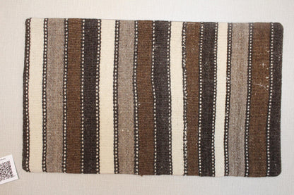 Vintage Turkish Kilim Lumbar Pillow Cover: Brown, Cream & Gray, 12x20