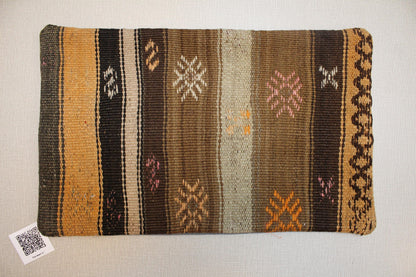 Handwoven Kilim Lumbar Pillow Cover: Vintage Turkish Rug, Brown Striped, 12x20