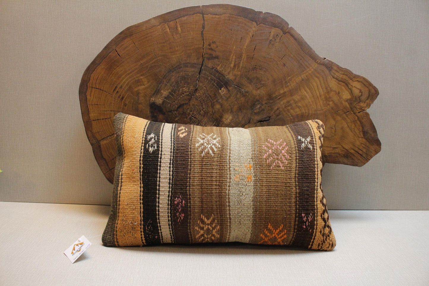 Handwoven Kilim Lumbar Pillow Cover: Vintage Turkish Rug, Brown Striped, 12x20