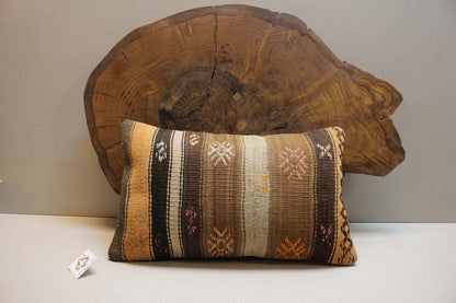 Handwoven Kilim Lumbar Pillow Cover: Vintage Turkish Rug, Brown Striped, 12x20