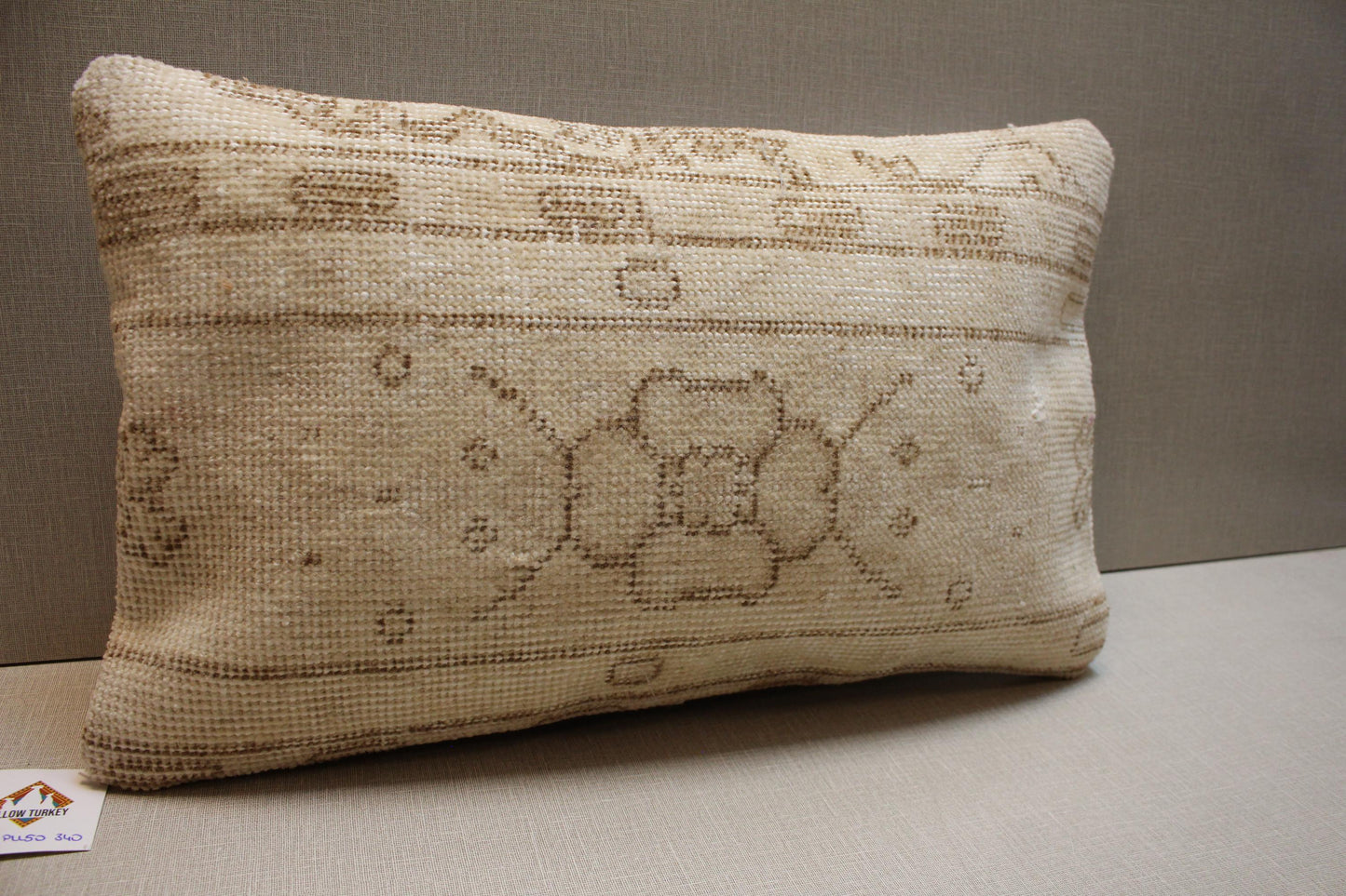 Handwoven Turkish Kilim Lumbar Pillow Cover: Beige & Brown, 12x20 Inc.