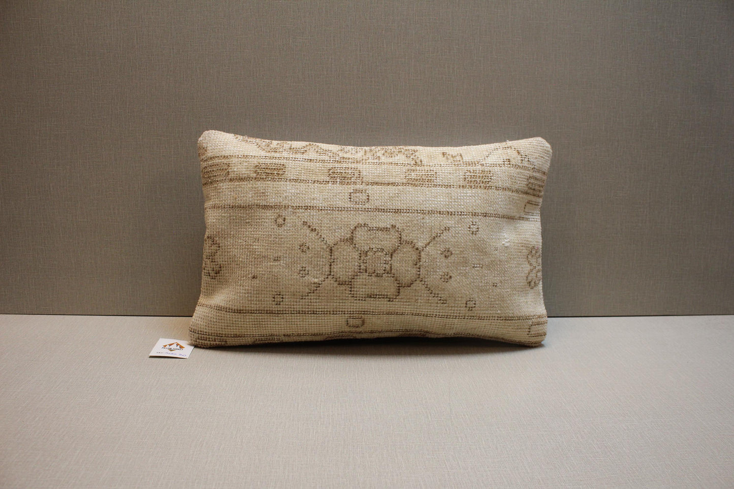 Handwoven Turkish Kilim Lumbar Pillow Cover: Beige & Brown, 12x20 Inc.