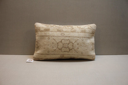 Handwoven Turkish Kilim Lumbar Pillow Cover: Beige & Brown, 12x20 Inc.