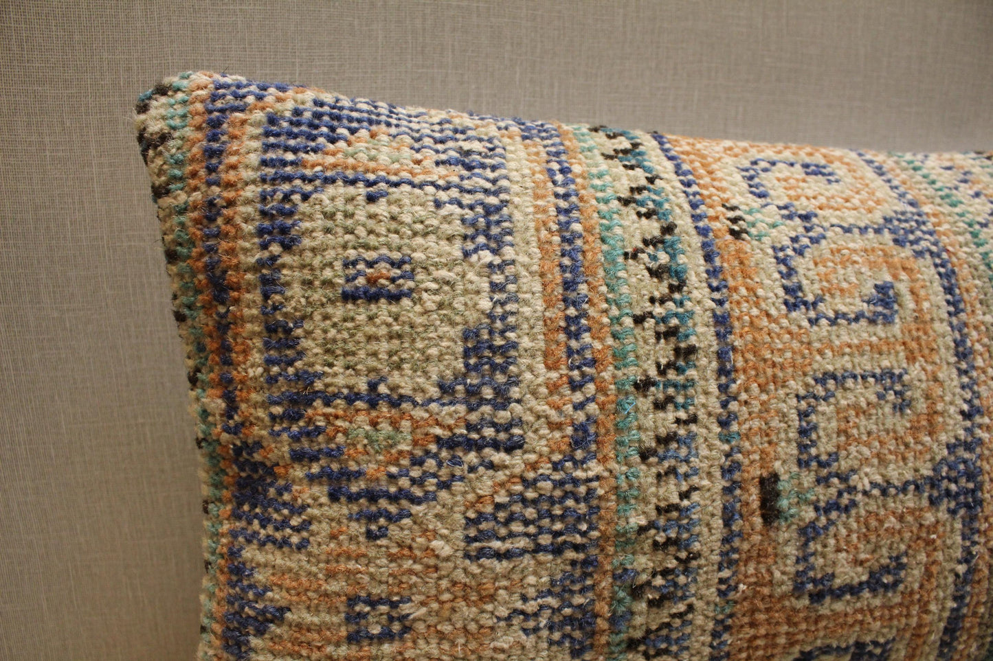 Vintage Turkish Kilim Lumbar Pillow Cover 12x20: Beige Blue Green Wool Cushion