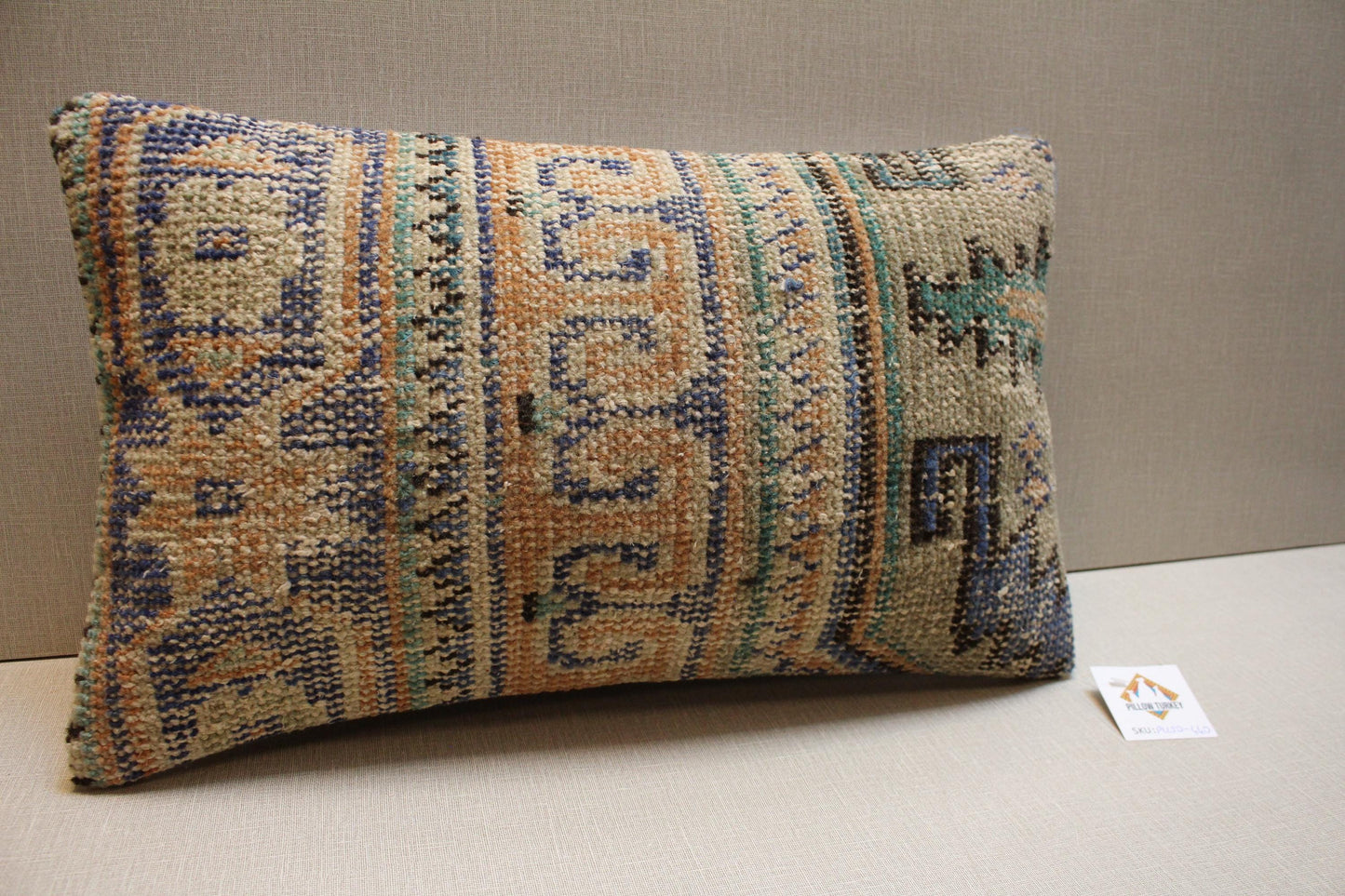 Vintage Turkish Kilim Lumbar Pillow Cover 12x20: Beige Blue Green Wool Cushion