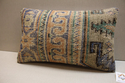 Vintage Turkish Kilim Lumbar Pillow Cover 12x20: Beige Blue Green Wool Cushion