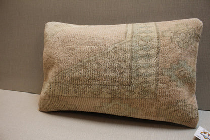 Vintage Turkish Rug Lumbar Pillow Cover: Beige & Green Kilim Cushion