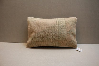 Vintage Turkish Rug Lumbar Pillow Cover: Beige & Green Kilim Cushion
