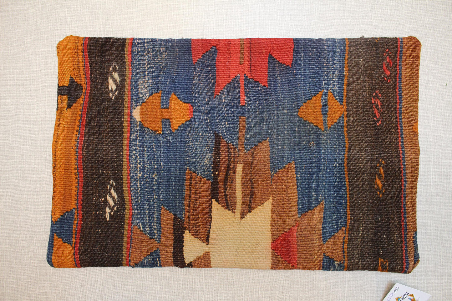 Vintage Turkish Kilim Lumbar Pillow Cover: 12x20 Blue Brown Red